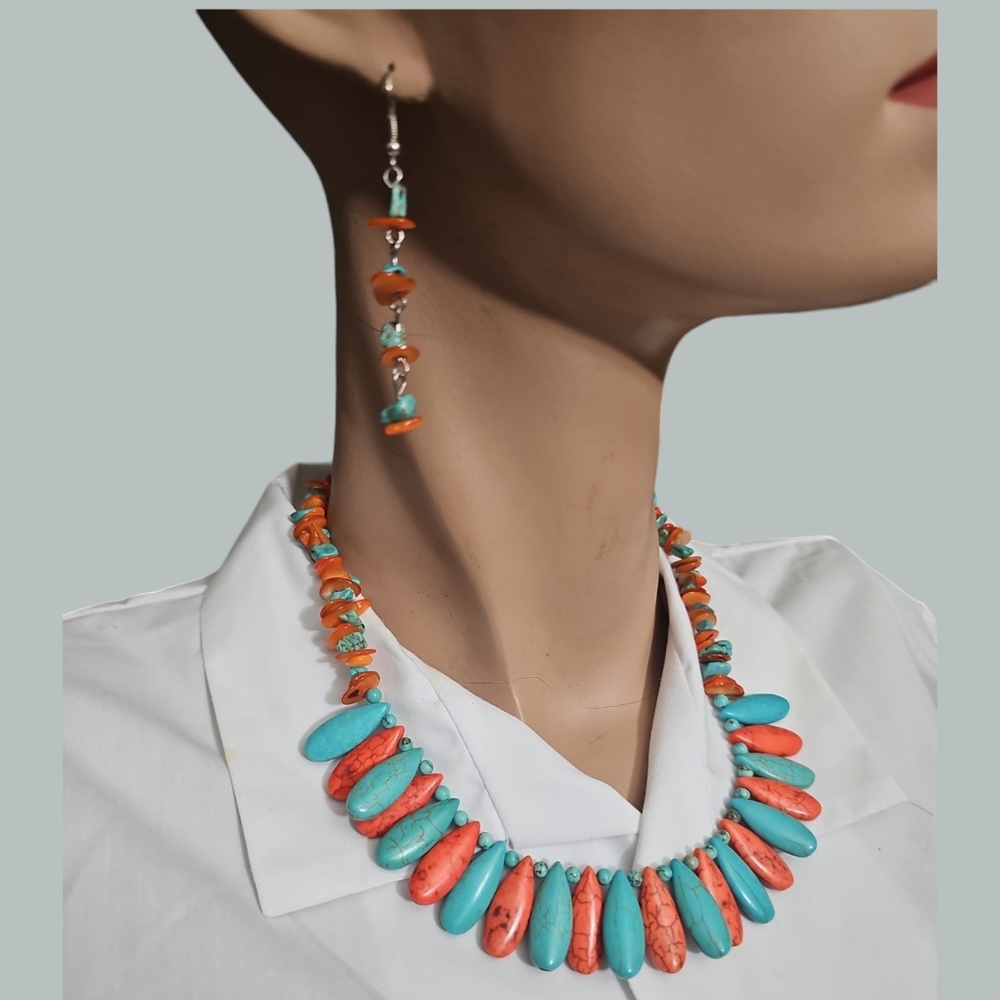 Turquoise and Red Coral Necklace and Earrings Set